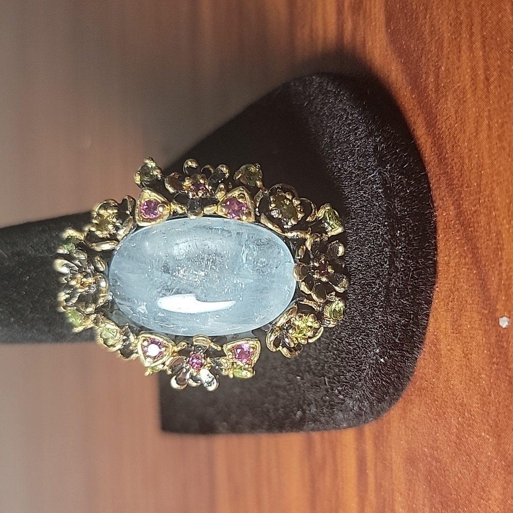 Elegant Gold,925 Sterlind Silver and Natural Aquamarine Ring